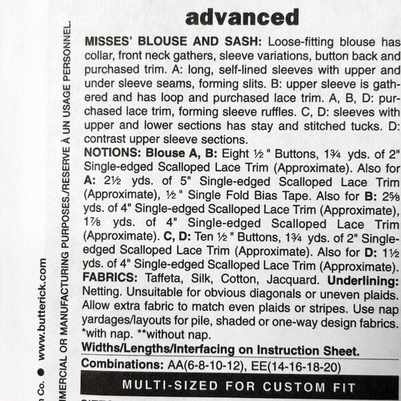 Butterick # 4418 Sewing Pattern for Victorian Blouses Sizes 14-16-18-20 NWT - Picture 4 of 8